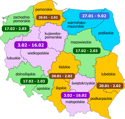 Ferie 2014 - województwa na mapie Polski oznaczone kolorami