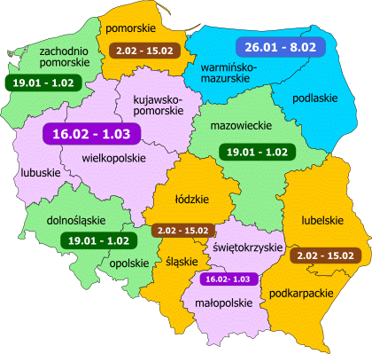 Ferie 2015 - województwa na mapie Polski oznaczone kolorami