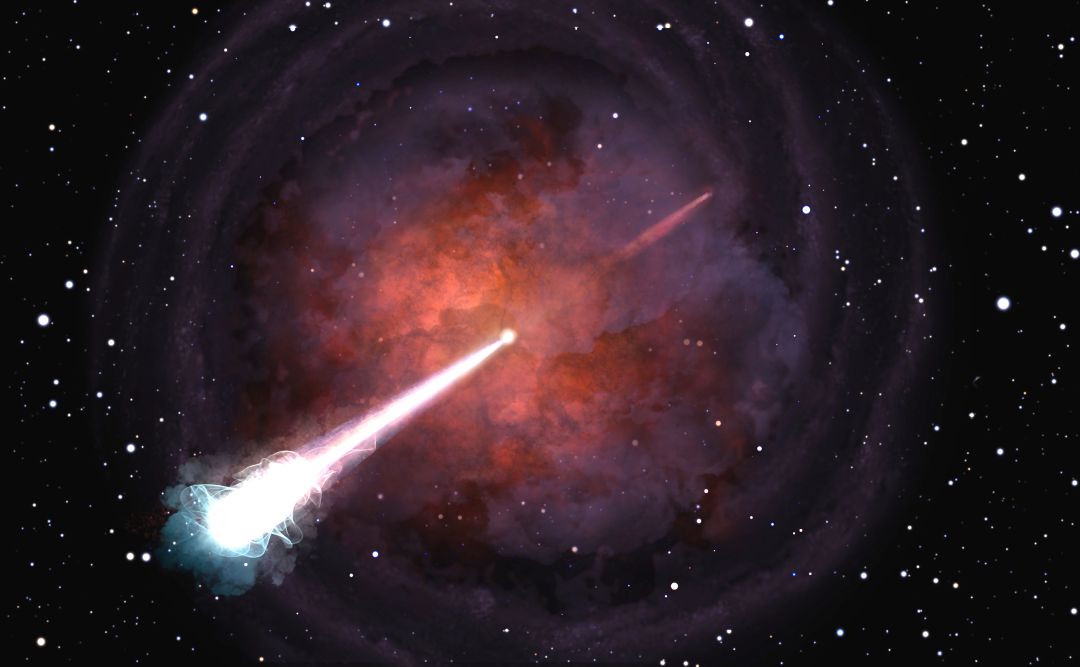 Wizja artystyczna zlania się pary gwiazd neutronowych wraz z formującym się dżetem (Beabudai Design)