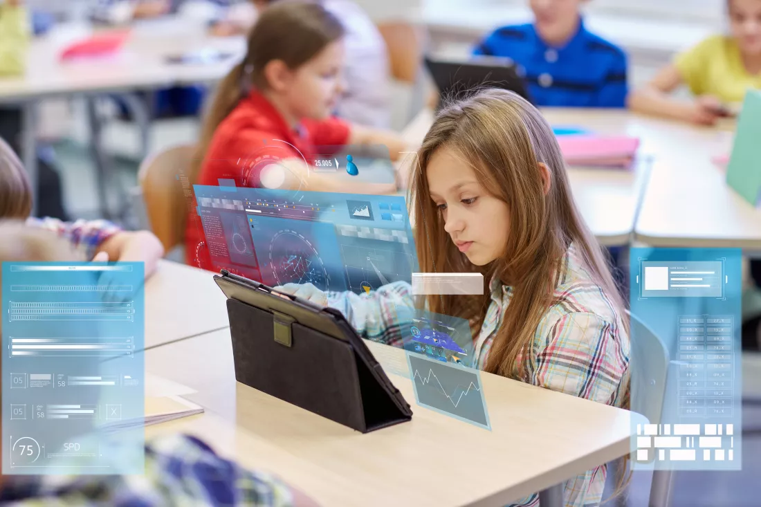 education-elementary-school-learning-technology-people-concept-little-schoolgirl-with-tablet-pc-computer-break-classroom-virtual-screens-projections